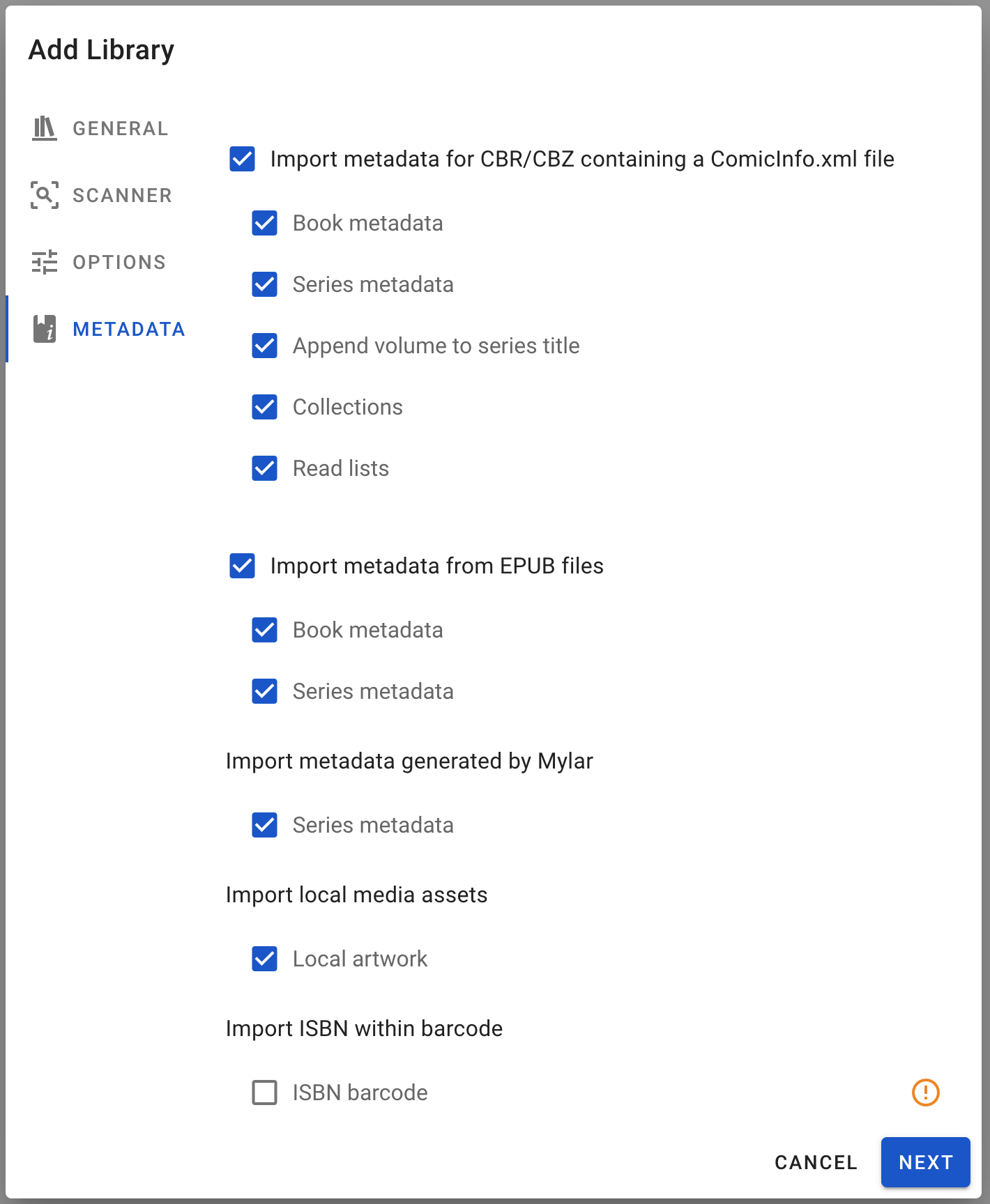 Add Library Dialog Metadata